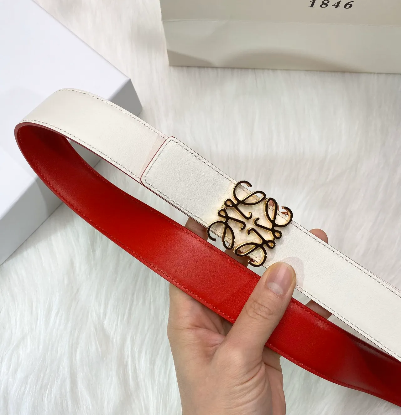 Beige Gold Off-White Smooth Interlocking Logo Buckle Leather Belt 6