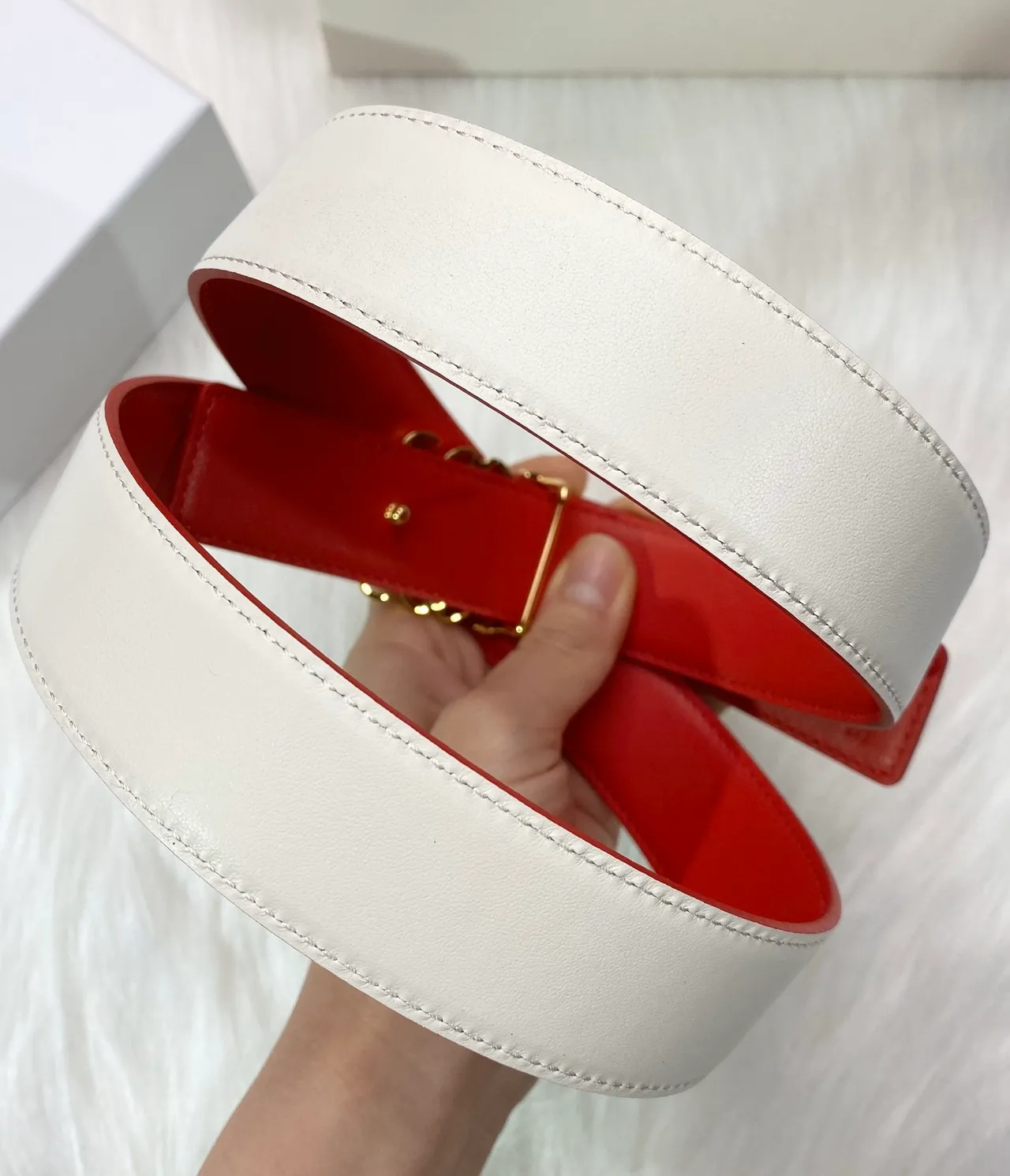Beige Gold Off-White Smooth Interlocking Logo Buckle Leather Belt 7