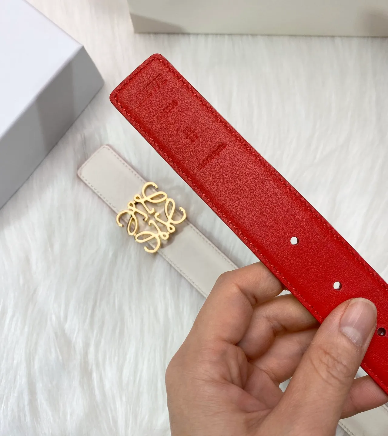 Beige Gold Off-White Smooth Interlocking Logo Buckle Leather Belt 8