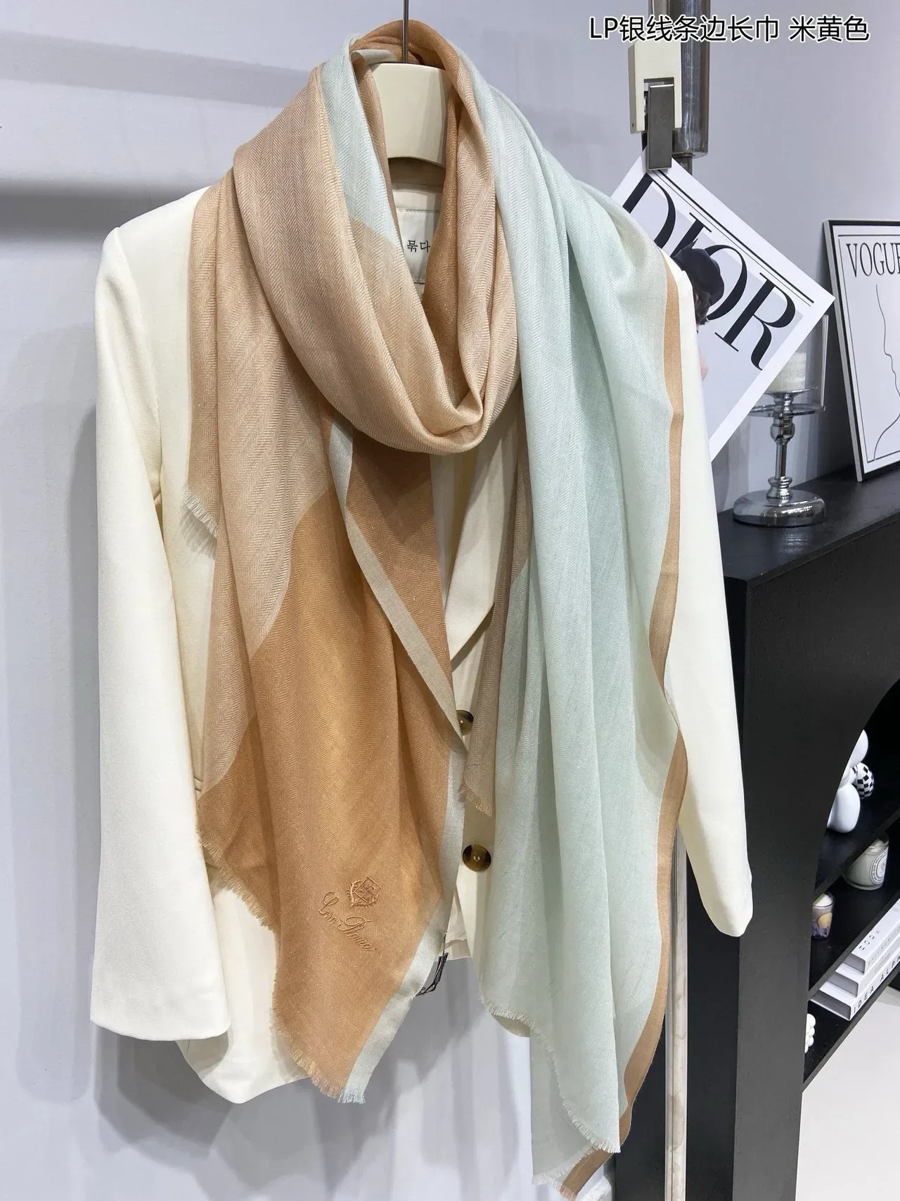 Beige Green Herringbone Weave Striped Silver-Line Border Scarve 9