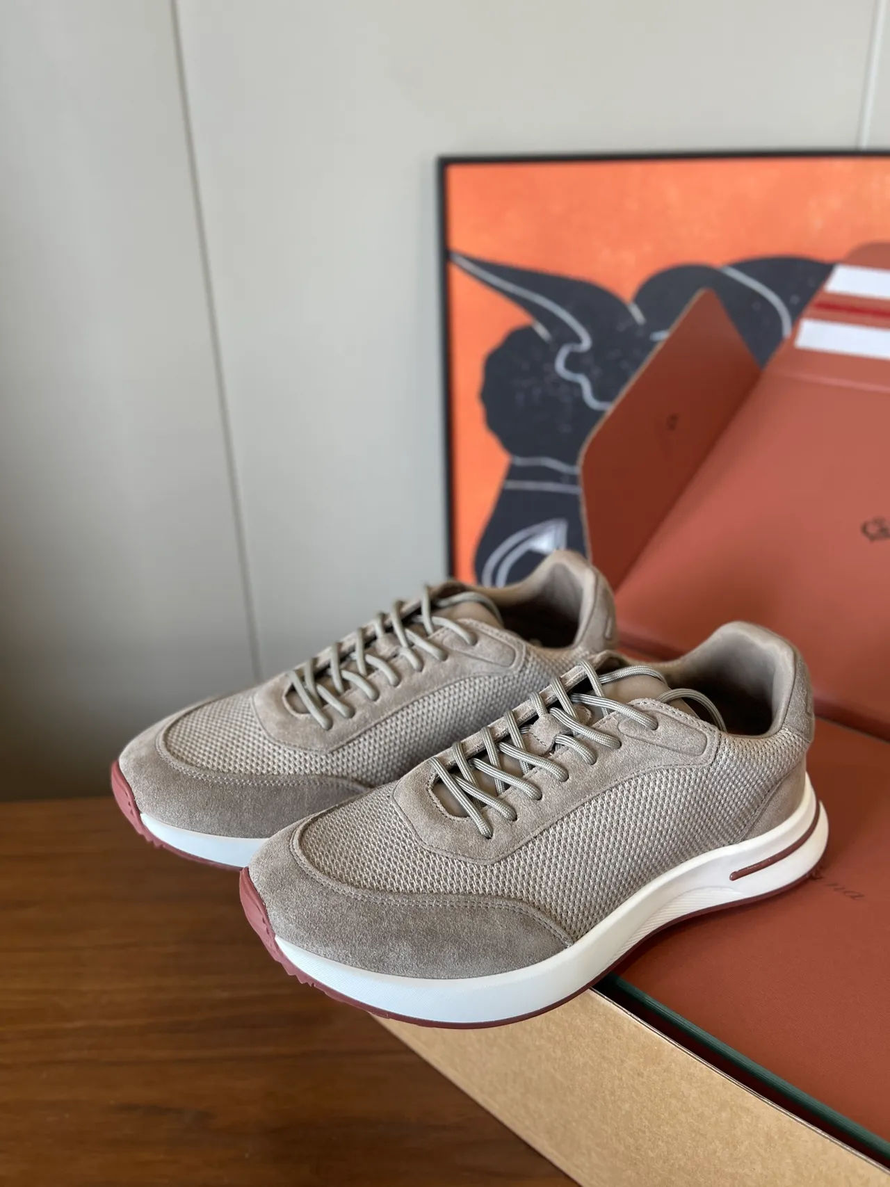 Beige Mesh and Suede Low-Top Lifestyle Sneakers 3