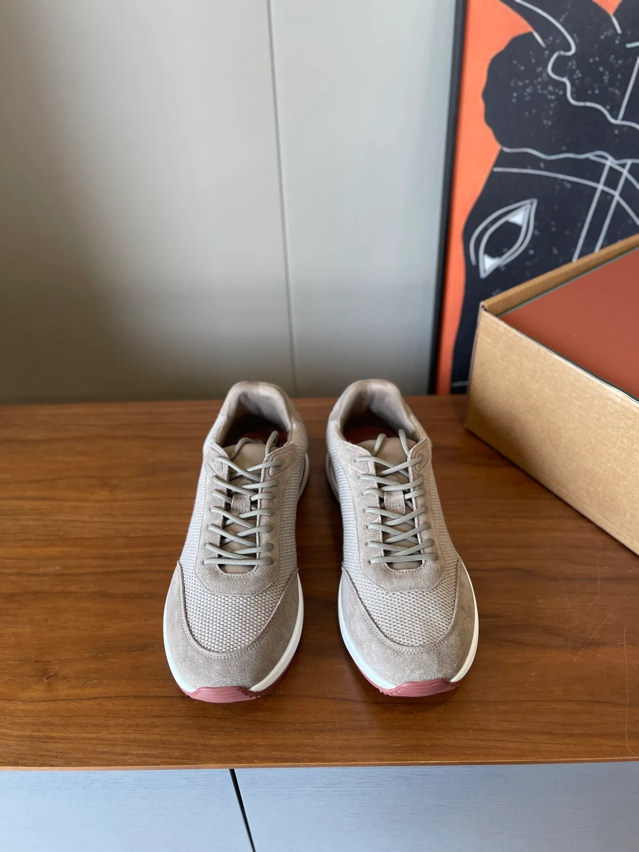 Beige Mesh and Suede Low-Top Lifestyle Sneakers 4