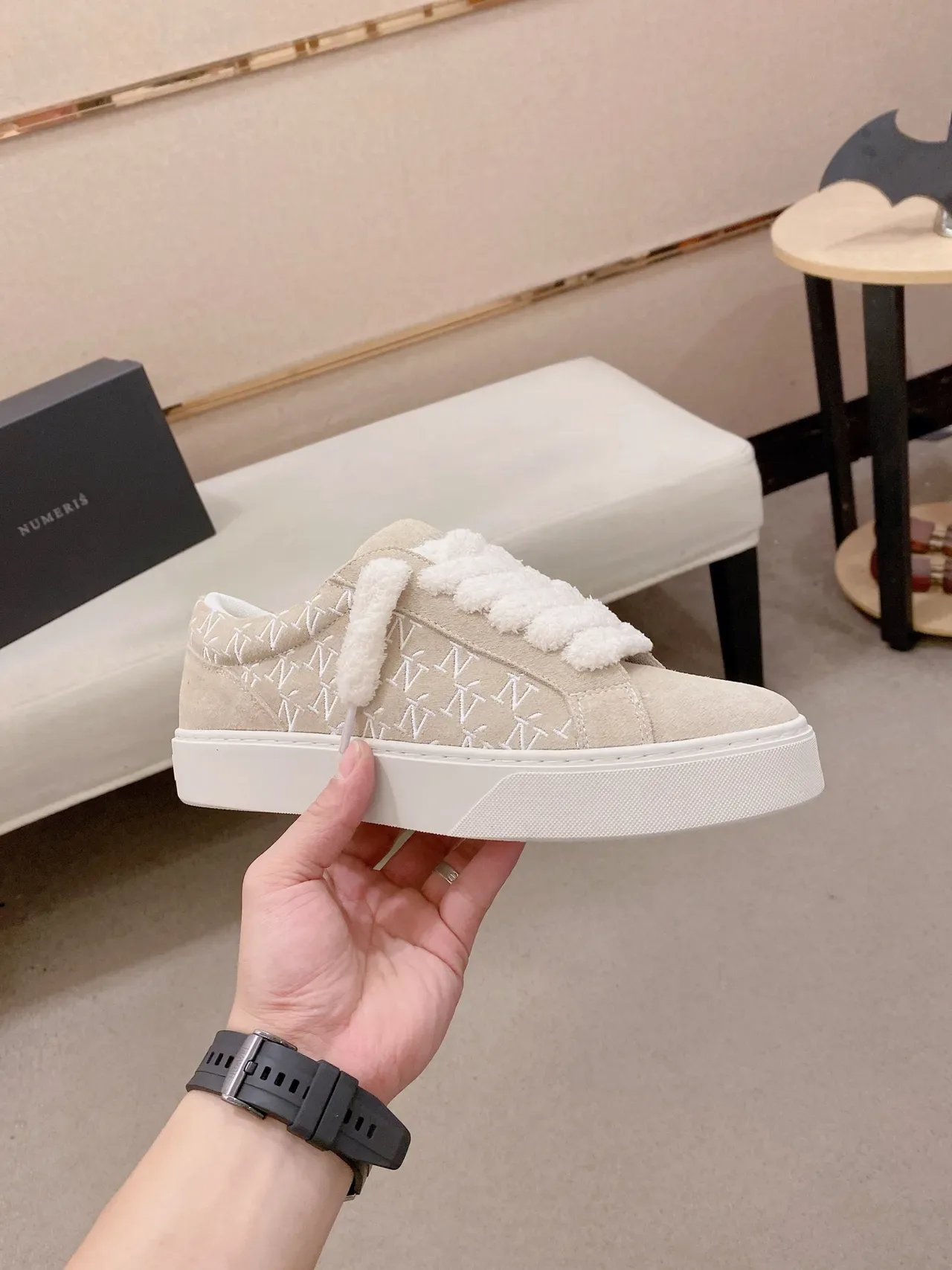 Beige Monogrammed Suede Laceless Platform Sneaker 5