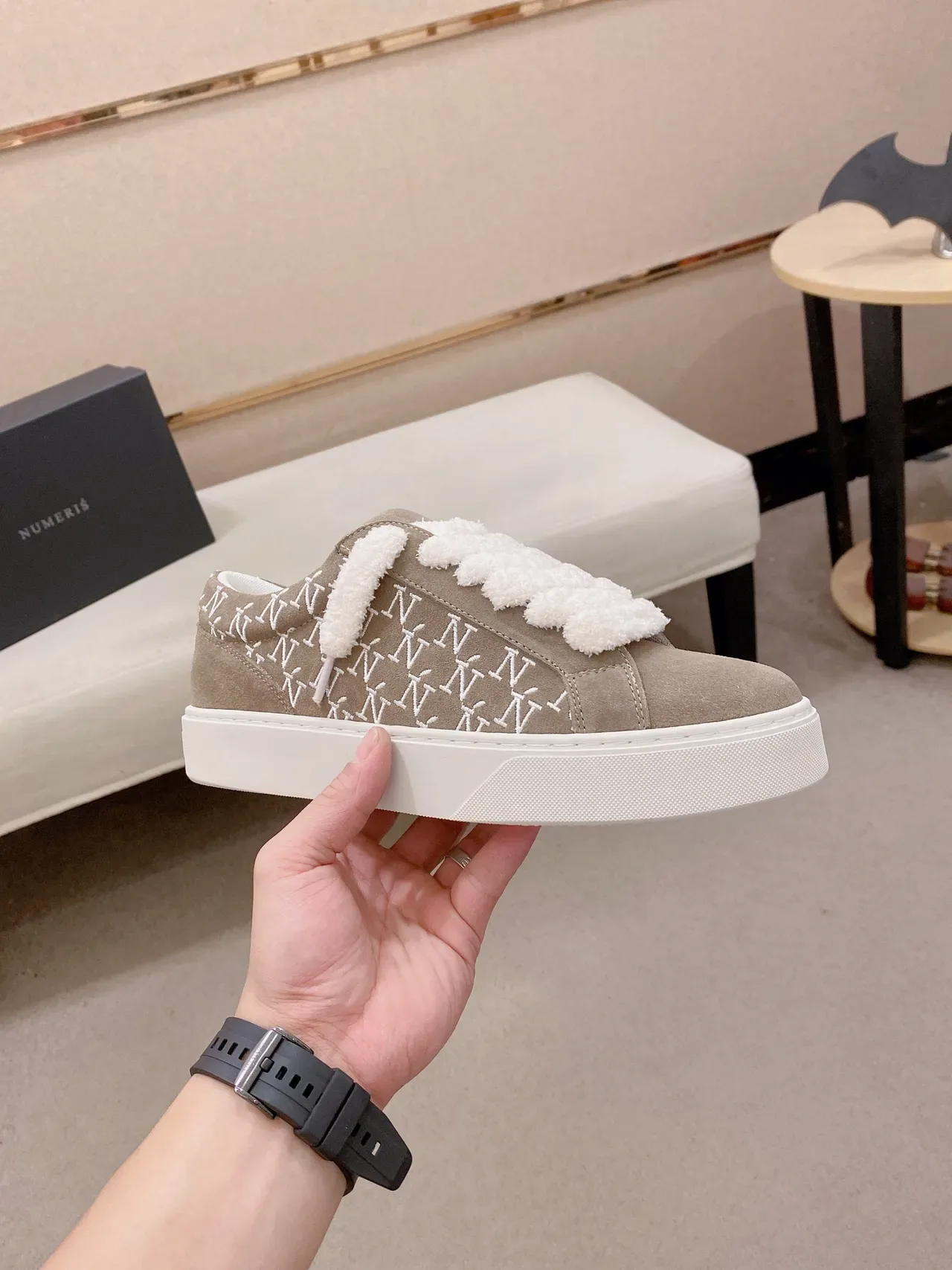 Beige Monogrammed Suede Slip-On Platform Sneaker 5