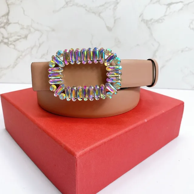 Beige Multicolor Tan Strap Rectangular Crystal-Embellished Buckle Leather Belt 1