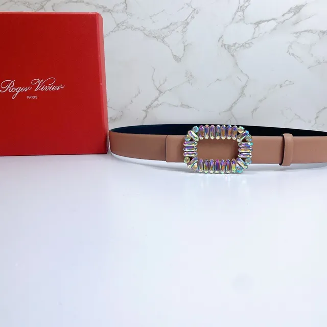 Beige Multicolor Tan Strap Rectangular Crystal-Embellished Buckle Leather Belt 5