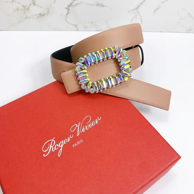 Beige Multicolor Tan Strap Rectangular Crystal-Embellished Buckle Leather Belt 6