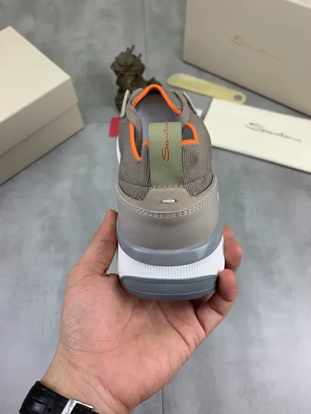 Beige Orange Knit Upper Contrasting Collar Sneakers 2