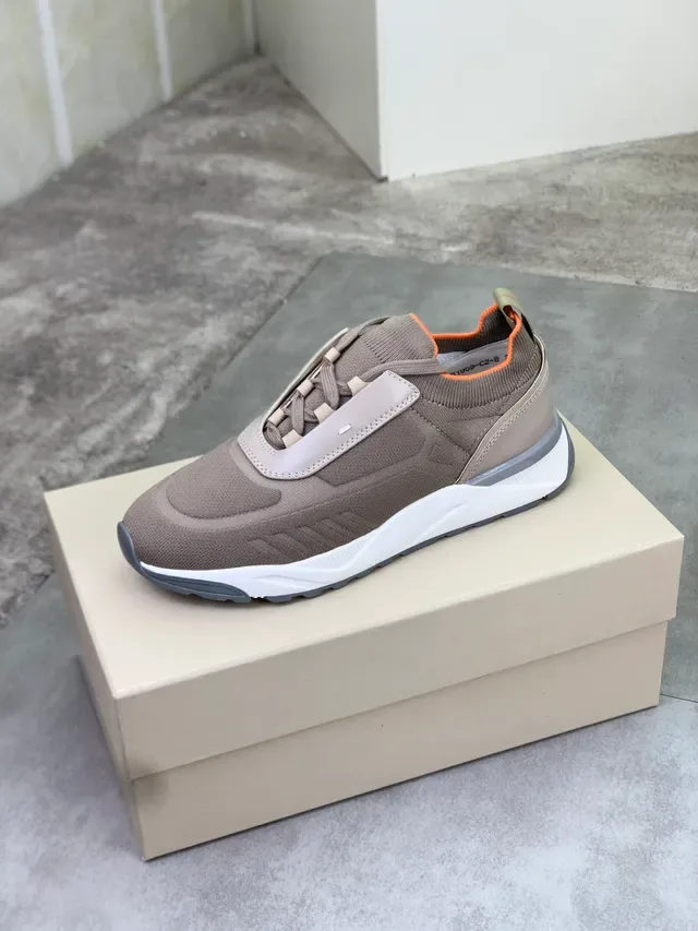 Beige Orange Knit Upper Contrasting Collar Sneakers 4