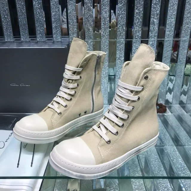 Beige White Canvas Upper Zipper Closure Ankle Boots 2