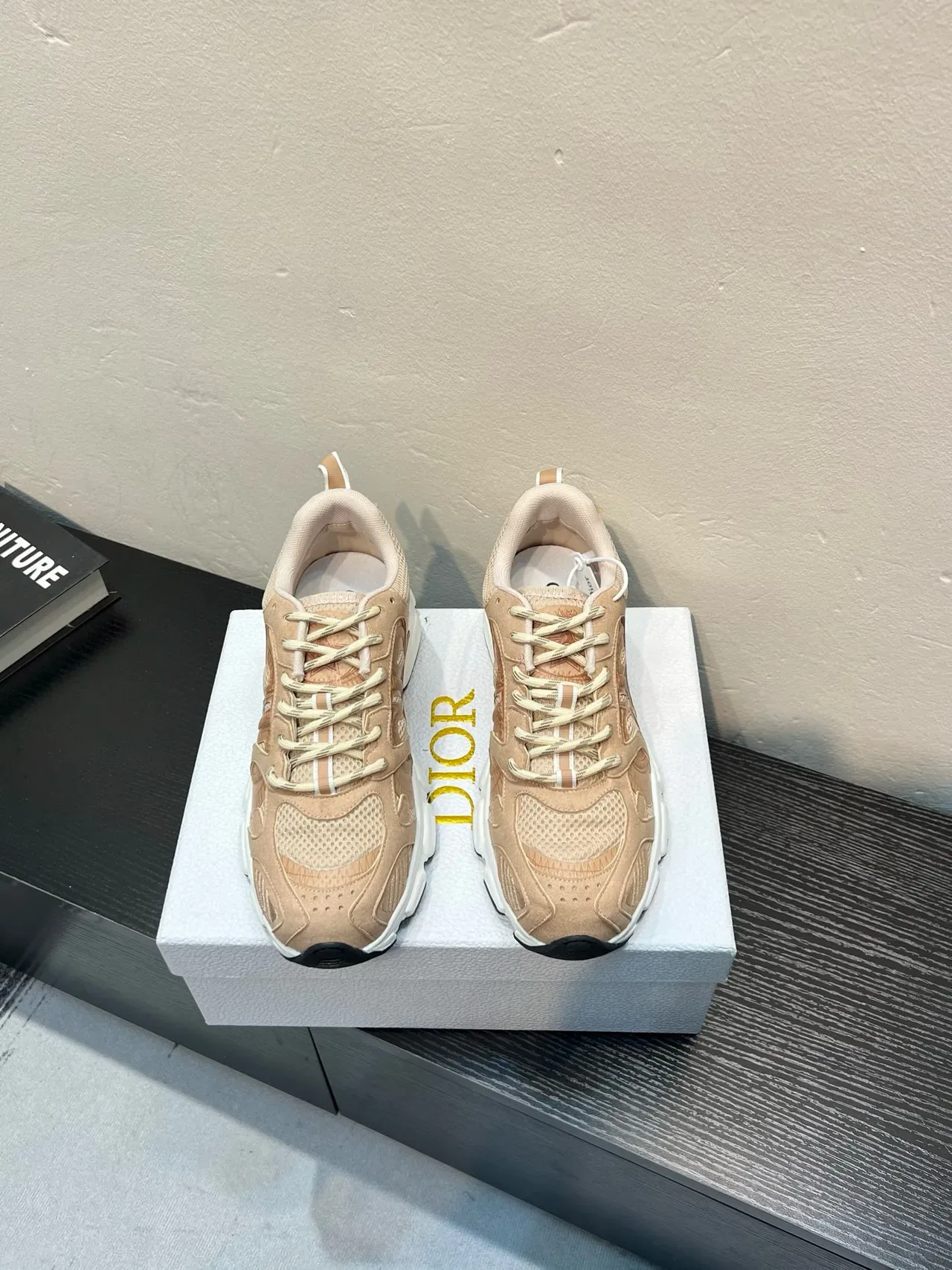 Beige White Chunky Midsole Mixed-Material Upper Sneakers 2