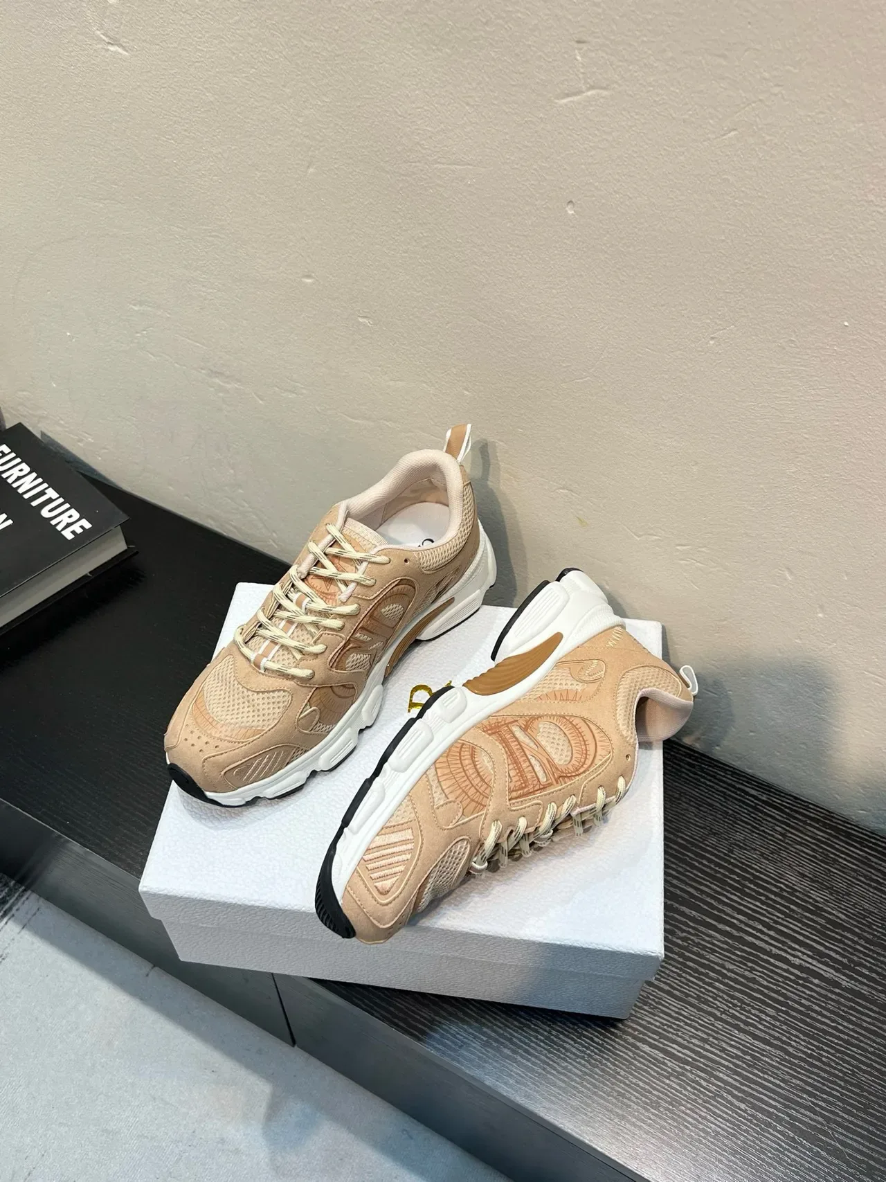 Beige White Chunky Midsole Mixed-Material Upper Sneakers 4