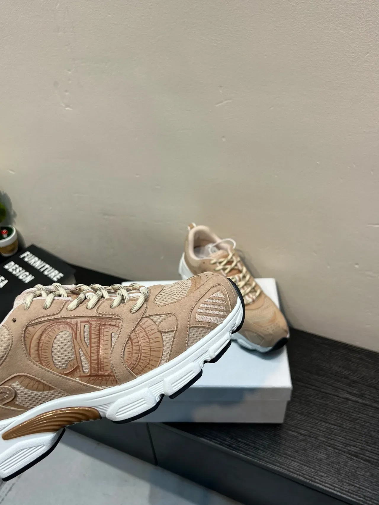 Beige White Chunky Midsole Mixed-Material Upper Sneakers 9