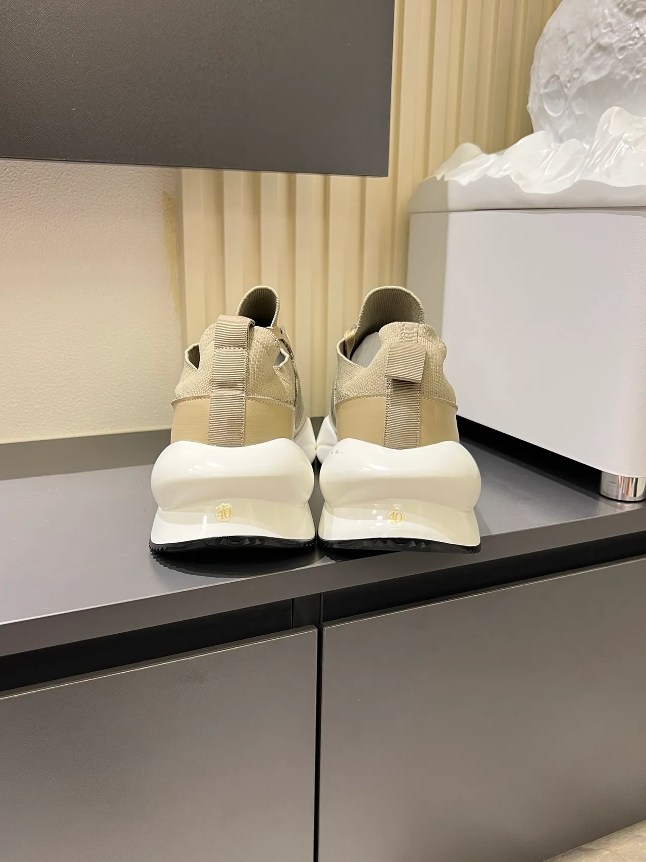 Beige White Knit-Mesh Upper Sculpted Midsole Chunky Sneakers 2