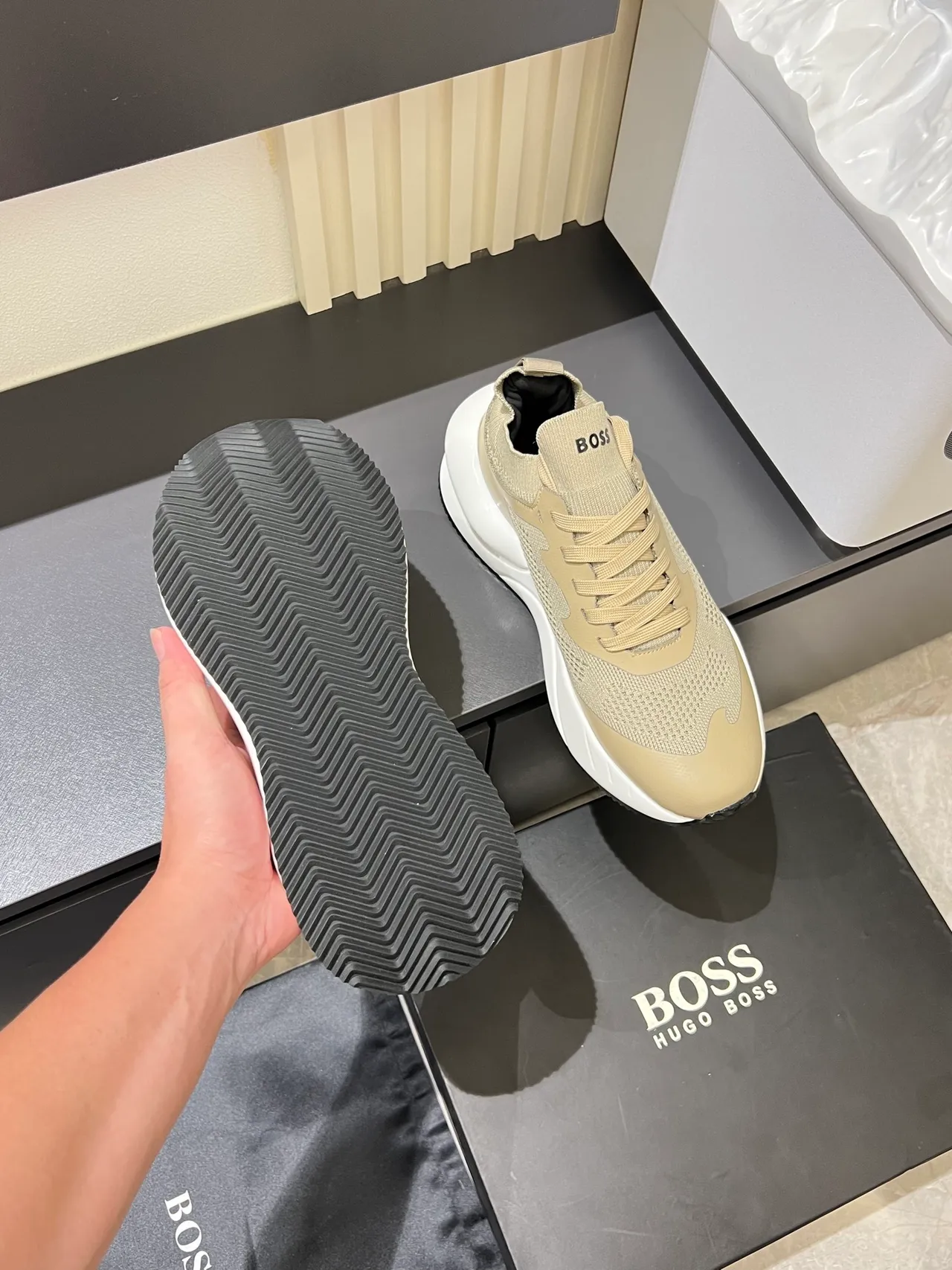 Beige White Knit-Mesh Upper Sculpted Midsole Chunky Sneakers 3