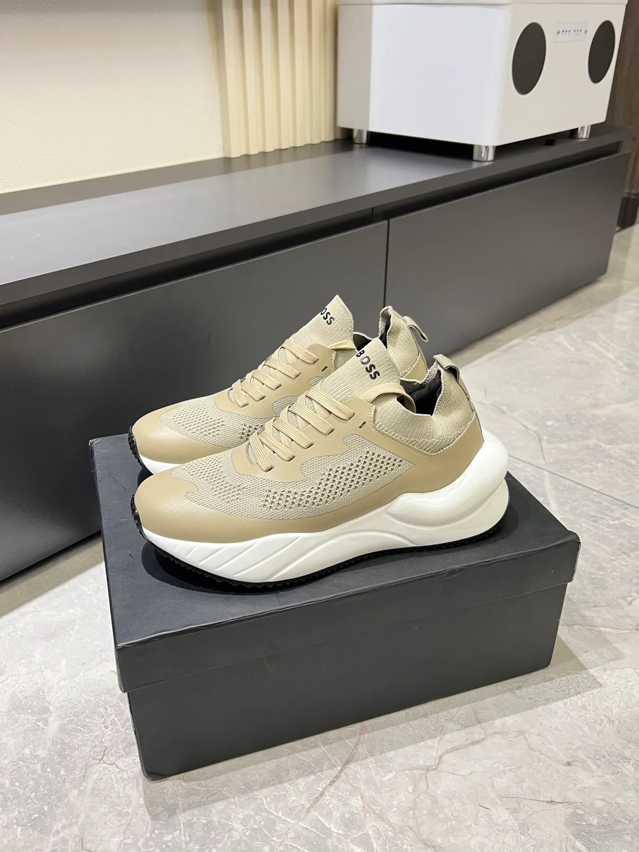 Beige White Knit-Mesh Upper Sculpted Midsole Chunky Sneakers 4
