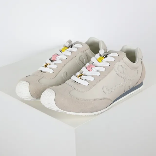 Beige White Mixed Suede And Leather Upper Sculpted Wavy Rubber Toe Cap Sneakers 2