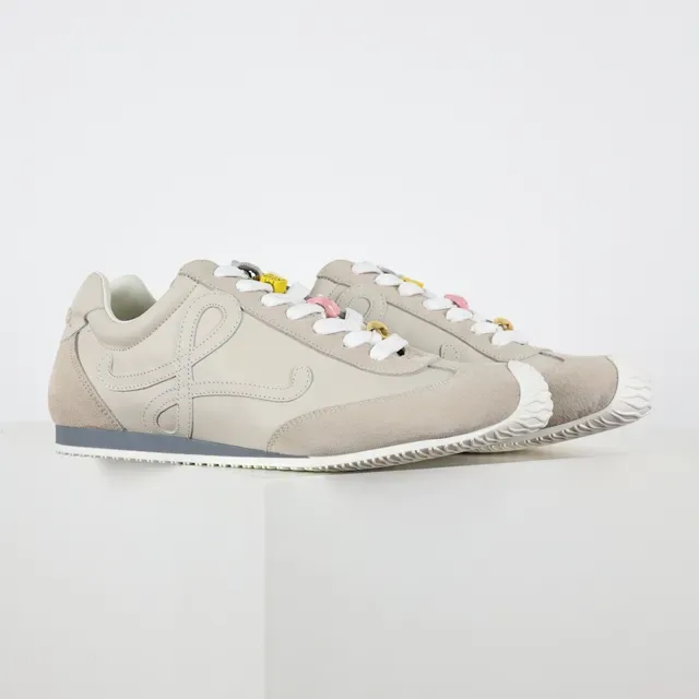 Beige White Mixed Suede And Leather Upper Sculpted Wavy Rubber Toe Cap Sneakers 3
