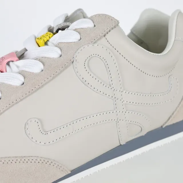 Beige White Mixed Suede And Leather Upper Sculpted Wavy Rubber Toe Cap Sneakers 6