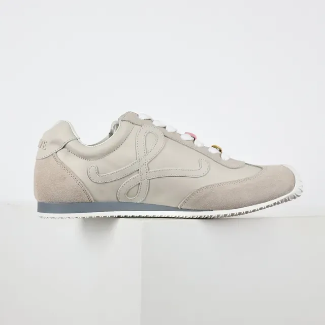 Beige White Mixed Suede And Leather Upper Sculpted Wavy Rubber Toe Cap Sneakers 7
