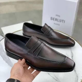 Berluti Brown Black Penny Square Toe Loafer