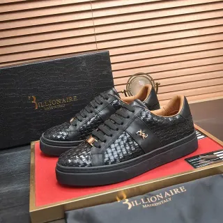 Billionaire Zapatilla de cuero trenzado Negro Dorado Parte superior Suela plana de plataforma Sneakers de estilo de vida