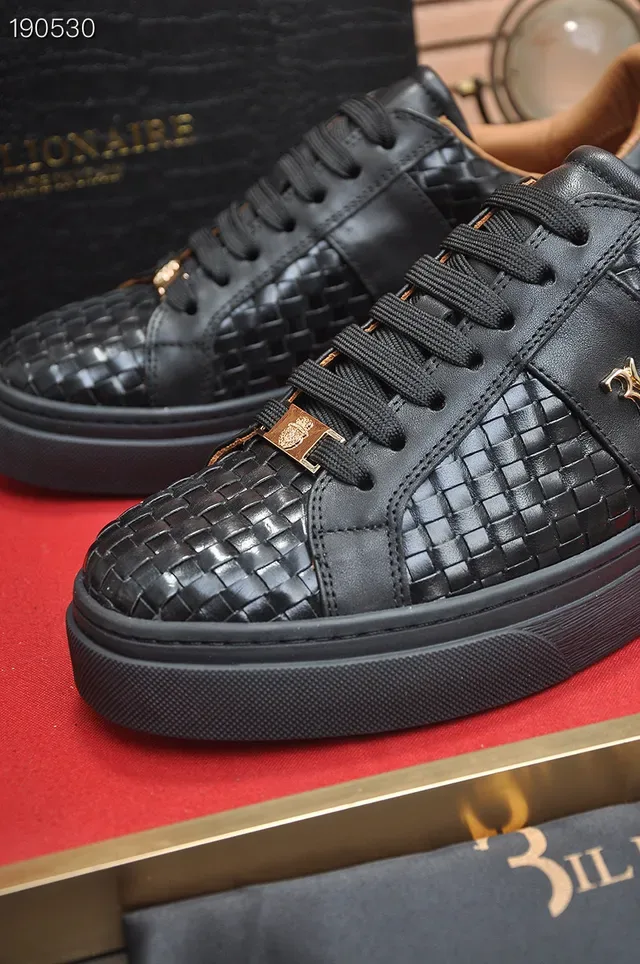 Billionaire Woven Leather Sneaker Black Gold Upper Flat Platform Sole Lifestyle Sneakers 3