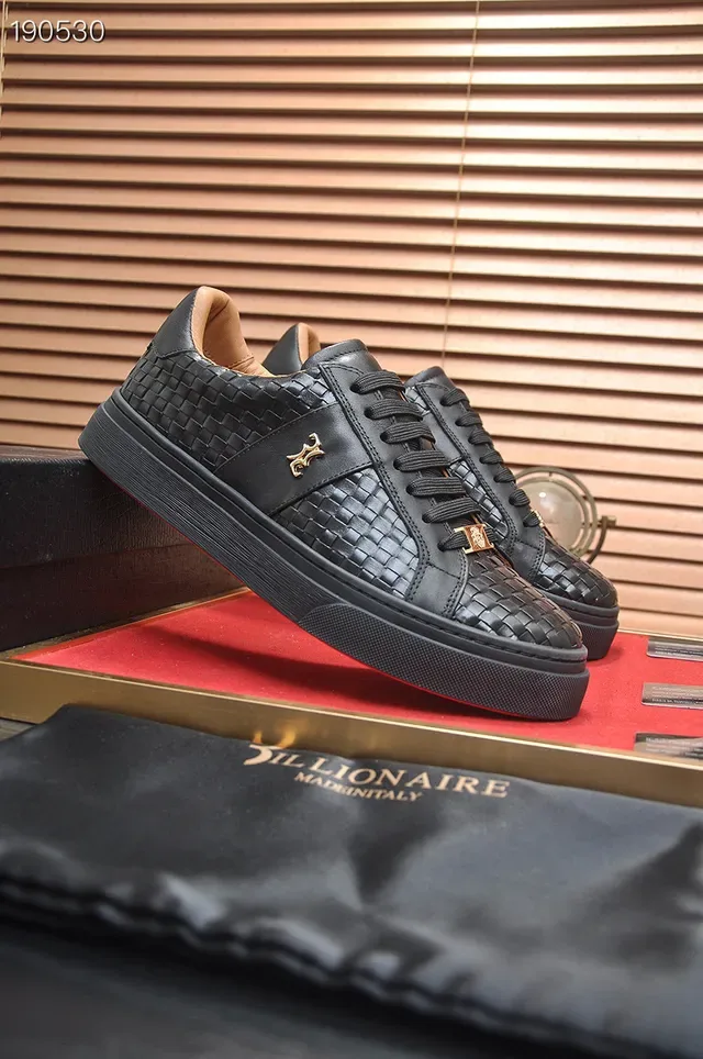 Billionaire Woven Leather Sneaker Black Gold Upper Flat Platform Sole Lifestyle Sneakers 6