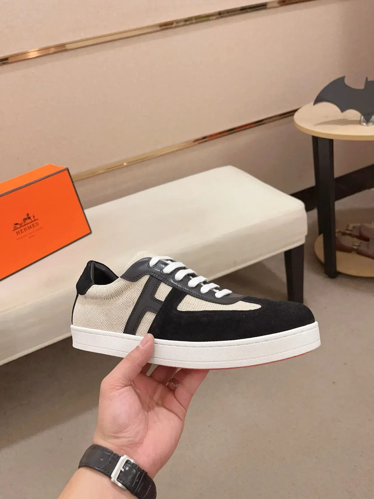 Black and Beige Suede Mesh Low-Top Lifestyle Sneaker 4