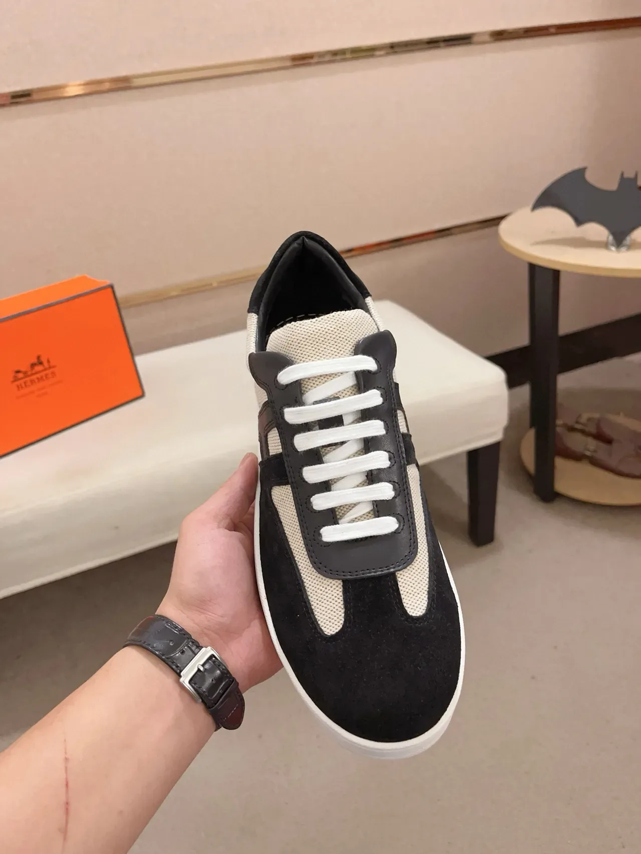 Black and Beige Suede Mesh Low-Top Lifestyle Sneaker 5