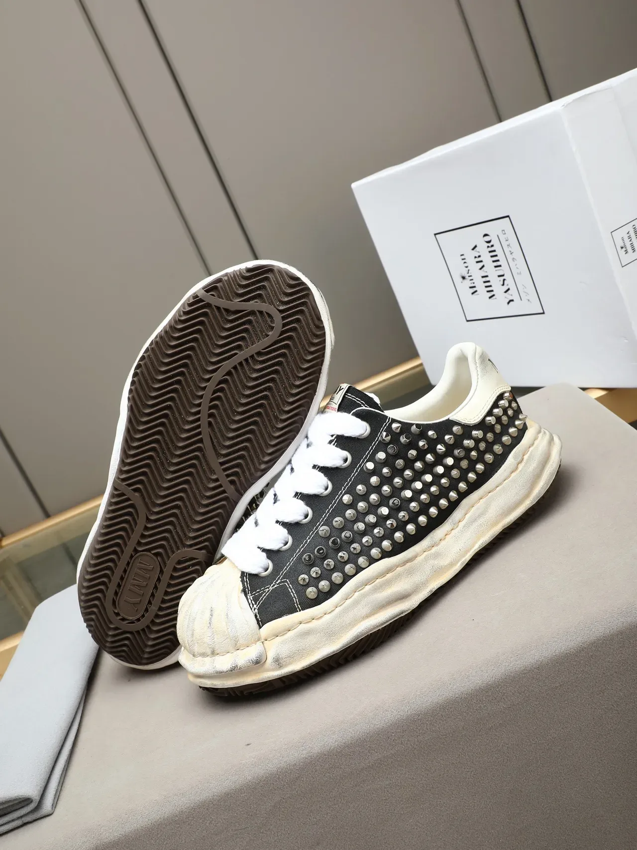 Black and White Studded Canvas Deconstructed Sneaker 5