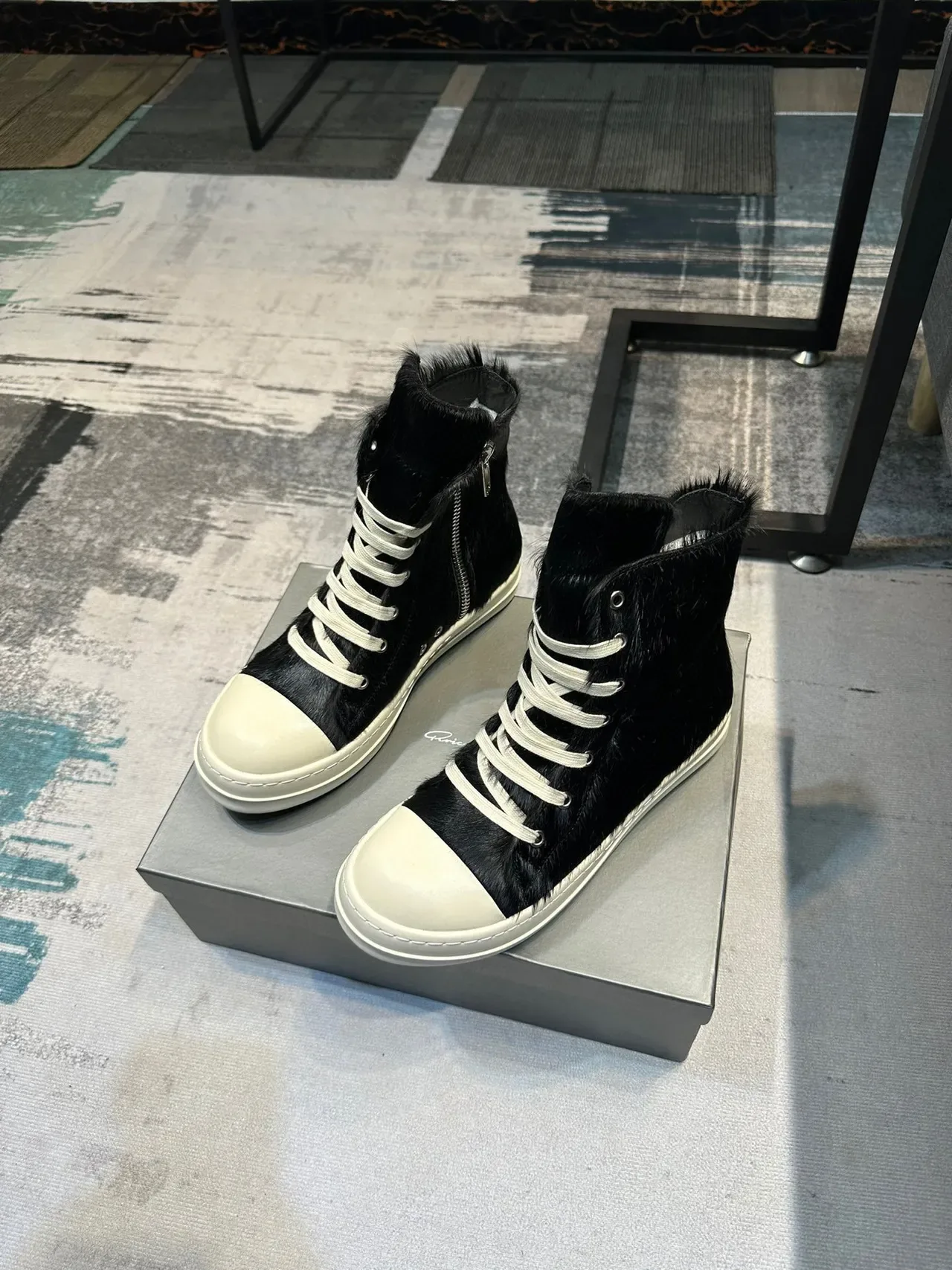 Black Beige High-Top Hair-On-Hide Upper Sneakers 5