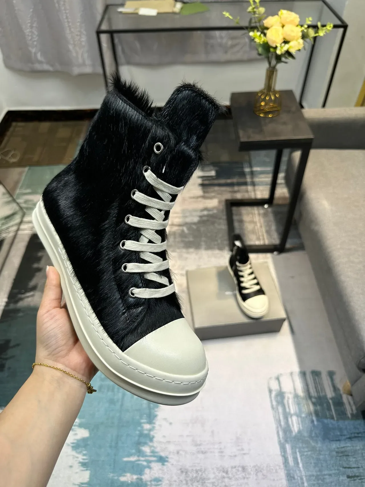 Black Beige High-Top Hair-On-Hide Upper Sneakers 6