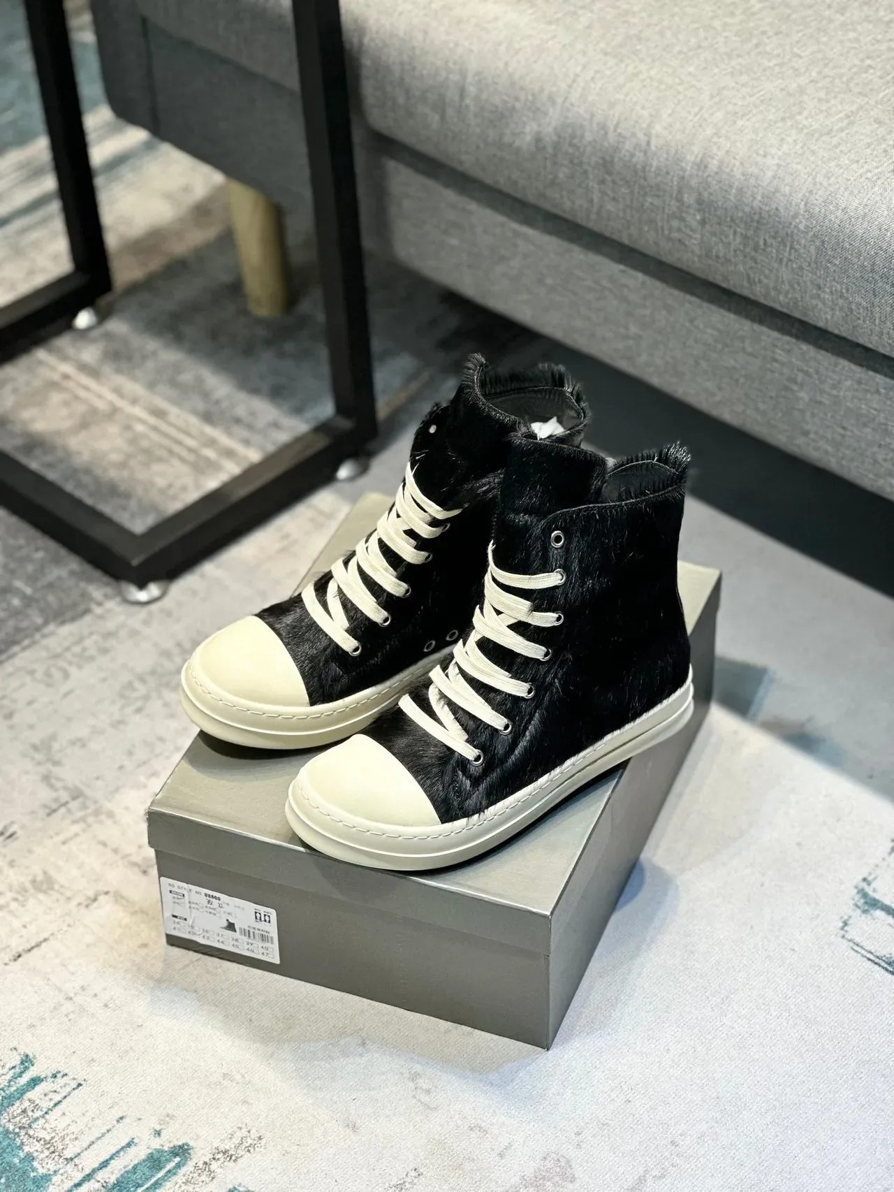 Black Beige High-Top Hair-On-Hide Upper Sneakers 7