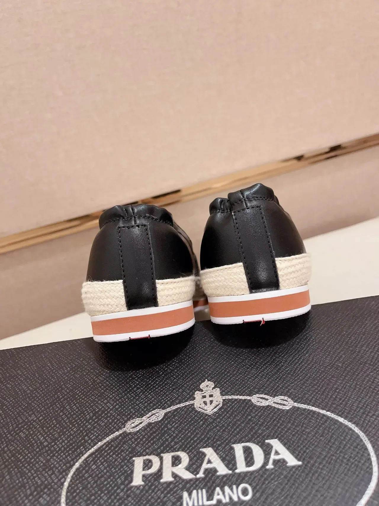 Black Beige Leather Slip-On Espadrille Sole Loafer 4