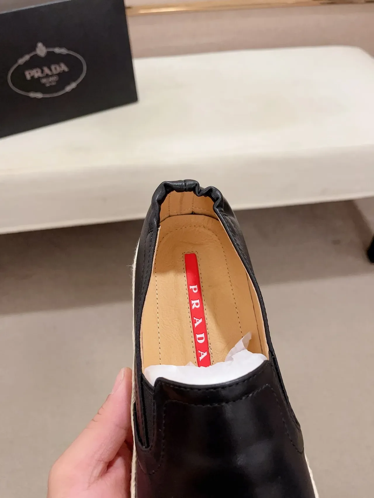 Black Beige Leather Slip-On Espadrille Sole Loafer 5