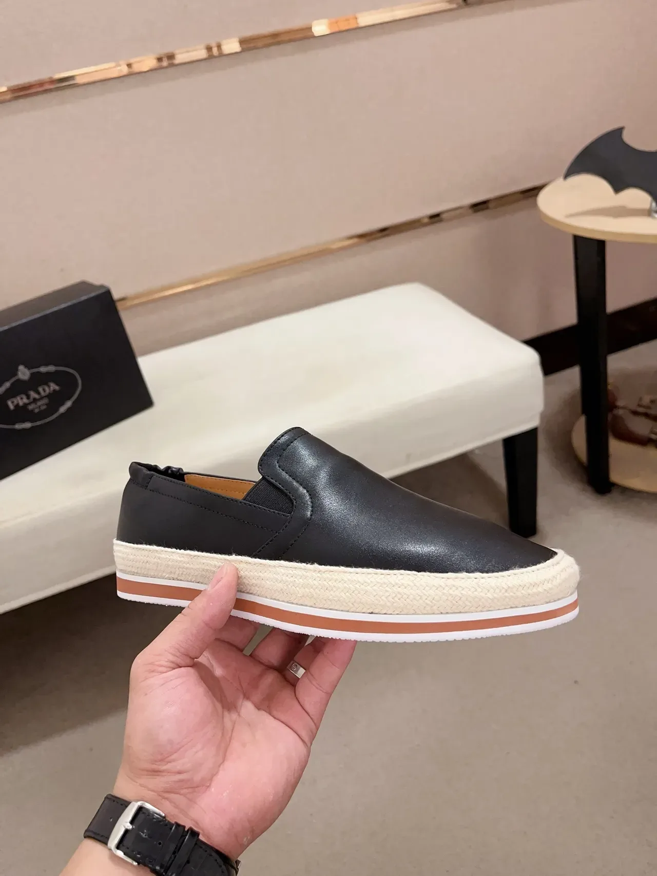 Black Beige Leather Slip-On Espadrille Sole Loafer 6