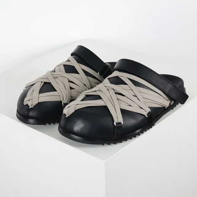 Black Beige Leather Upper Woven Strap Overlay Slippers 2