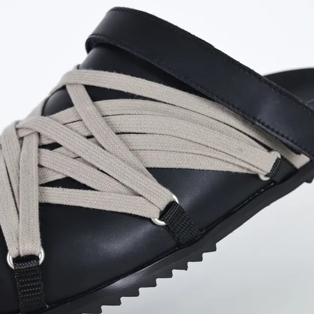 Black Beige Leather Upper Woven Strap Overlay Slippers 6