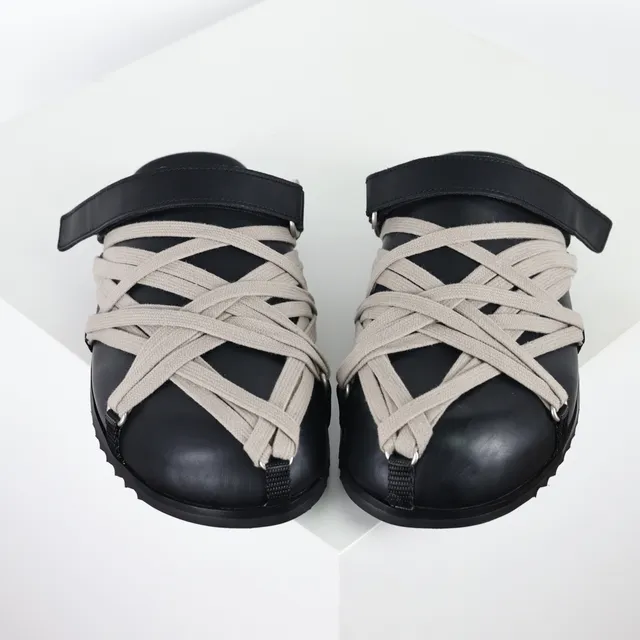 Black Beige Leather Upper Woven Strap Overlay Slippers 8