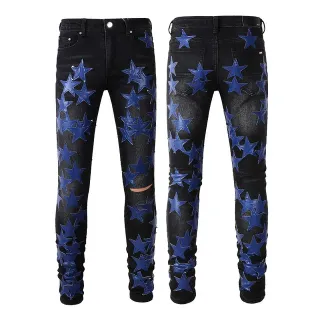 Black Blue Slim-Fit Glossy Star Appliqués Jeans