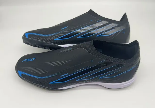 Chaussures de football pour gazon noir et bleu slip-on haut ajusté à la chaussette sans couture construction synthétique 2