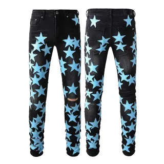 Black Blue Star-Print Appliqué Distressed Knee Jeans