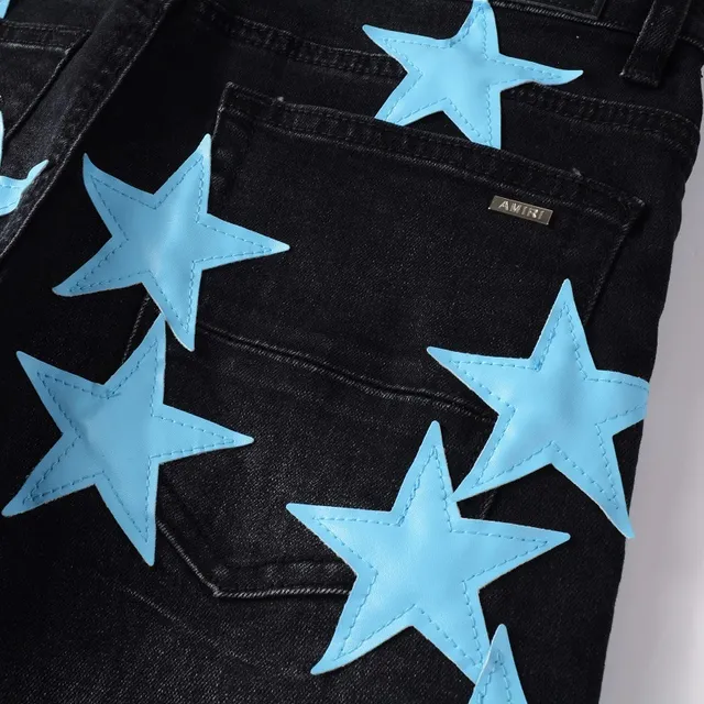 Black Blue Star-Print Appliqué Distressed Knee Jeans 2
