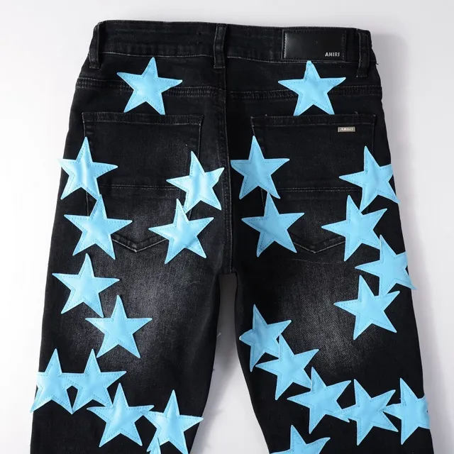 Black Blue Star-Print Appliqué Distressed Knee Jeans 3