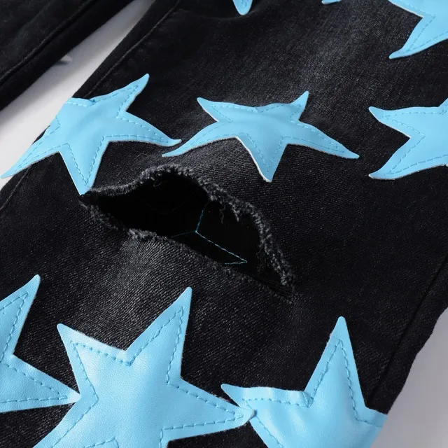 Black Blue Star-Print Appliqué Distressed Knee Jeans 4