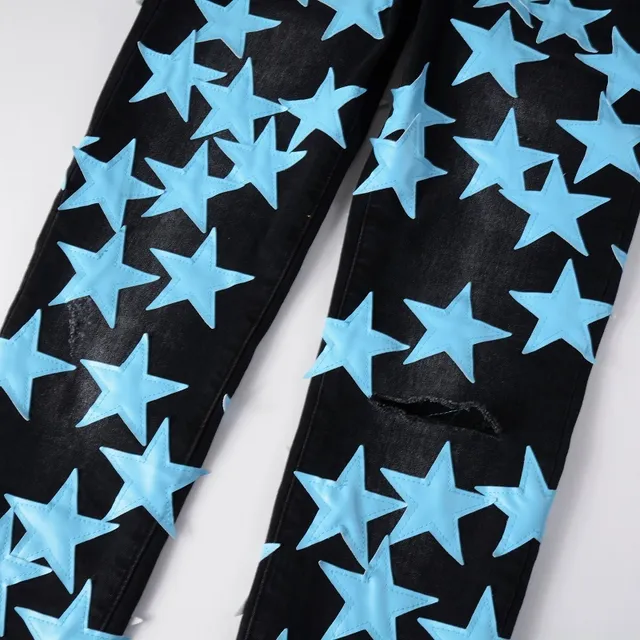 Black Blue Star-Print Appliqué Distressed Knee Jeans 5