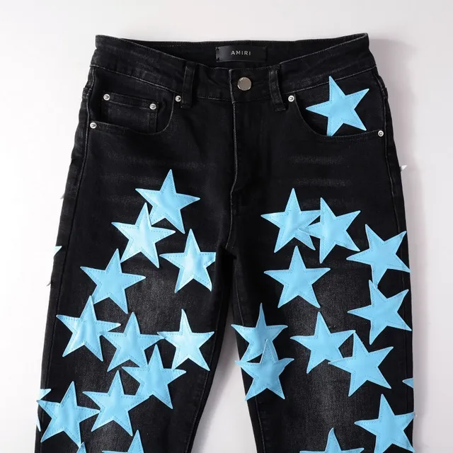 Black Blue Star-Print Appliqué Distressed Knee Jeans 9