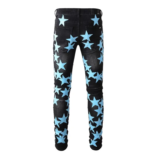 Black Blue Star-Print Appliqué Distressed Knee Jeans 10