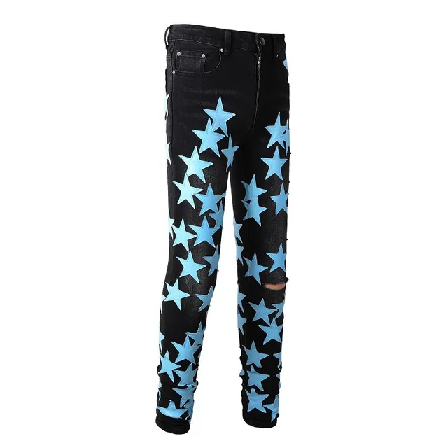 Black Blue Star-Print Appliqué Distressed Knee Jeans 11